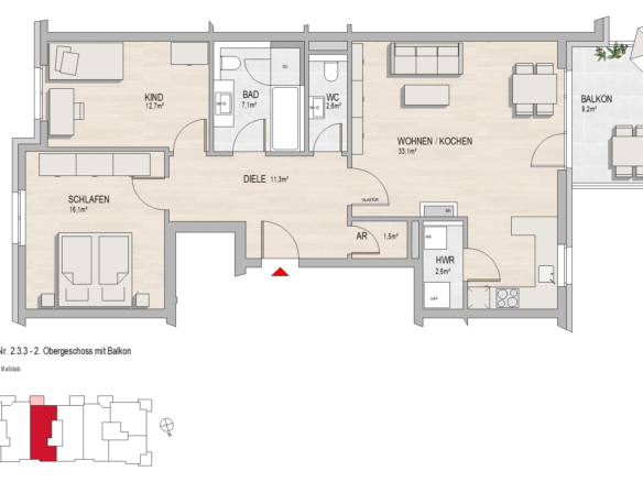Grundriss Hochheim, Massenheimer Landstraße 14b, Whg. 2.3.3